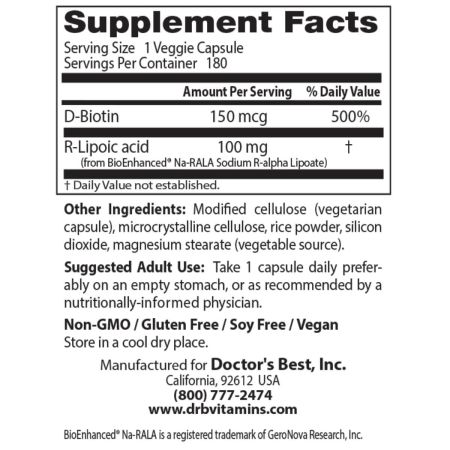 Doctor's Best Stabilized R-Lipoic Acid 100mg, 180 VCapsules