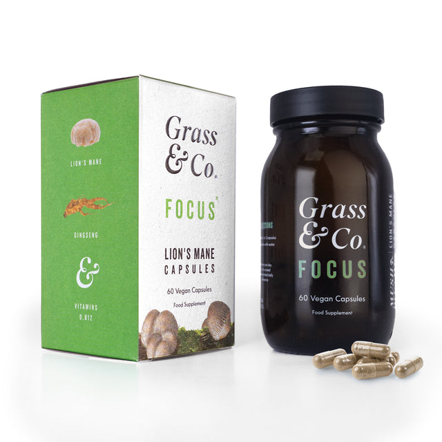 Grass & Co. FOCUS Lion's Mane Mushrooms with Ginseng + Omega-3 ,  60 Vegan Capsules
