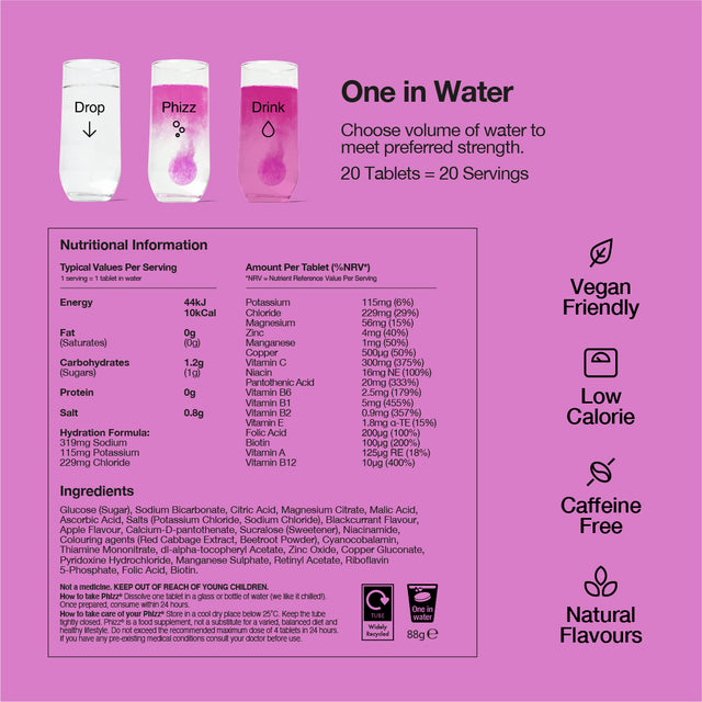 Phizz Apple & Blackcurrant 3-in-1 Hydration, Electrolytes and Vitamins Effervescent, 20 Tablets