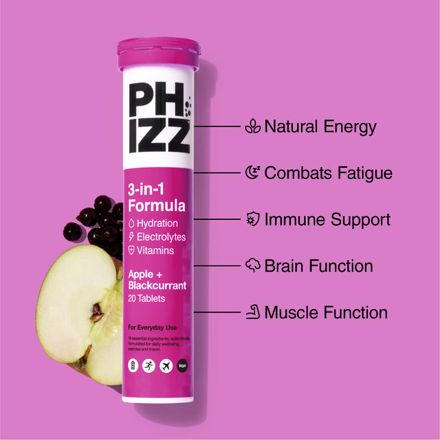 Phizz Apple & Blackcurrant 3-in-1 Hydration, Electrolytes and Vitamins Effervescent Multi-pack, 60 Tablets