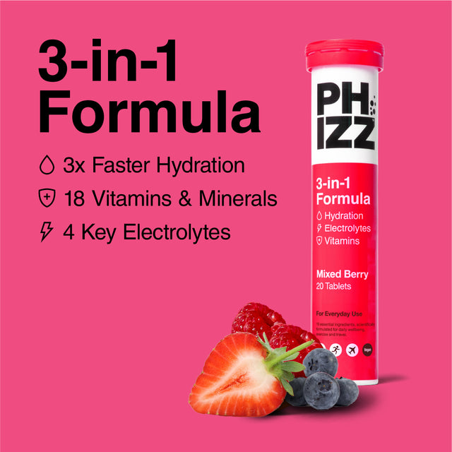 Phizz Mixed Berry 3-in-1 Hydration, Electrolytes and Vitamins Effervescent,  20 Tablets