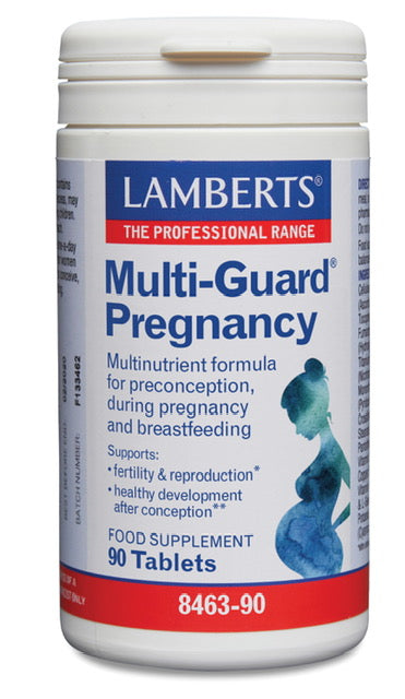 A close-up of the packaging for Lamberts Multi-Guard Pregnancy, 90 Tablets, showing the label with product name and details