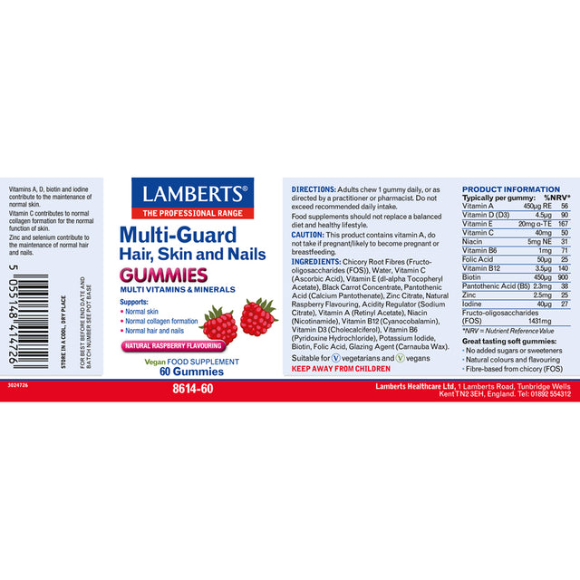 Close-up of a hand holding a single Lamberts Multi-Guard gummy, highlighting its vibrant raspberry colour and soft, chewable texture designed to promote healthy hair, skin, and nails from within