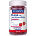 Richly detailed image of Lamberts Multi-Guard Hair, Skin and Nails Gummies, showcasing 60 raspberry-flavoured gummies in colourful packaging, emphasizing their comprehensive blend of vitamins and minerals for beauty support
