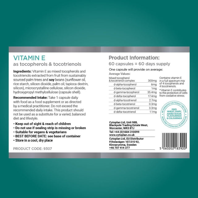 Cytoplan Bio Effective Vitamin E as Tocopherol & Tocotrienol, 60 Capsules