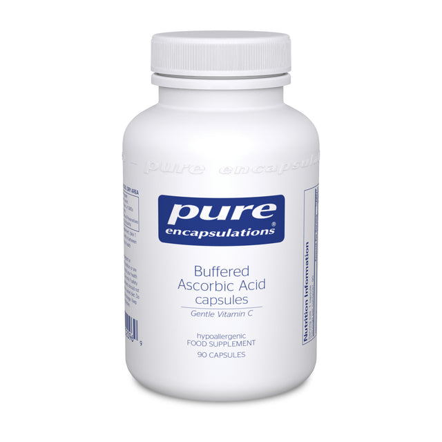 A close-up of Pure Encapsulations Buffered Ascorbic Acid 90 capsules showing the neutral pH vitamin C supplement in vegetarian capsules with detailed packaging and label