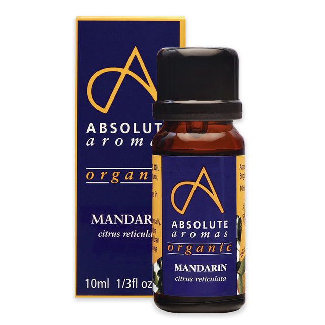 A 10ml bottle of Absolute Aromas Organic Mandarin essential oil with amber-orange liquid, ideal for gentle aromatherapy uses