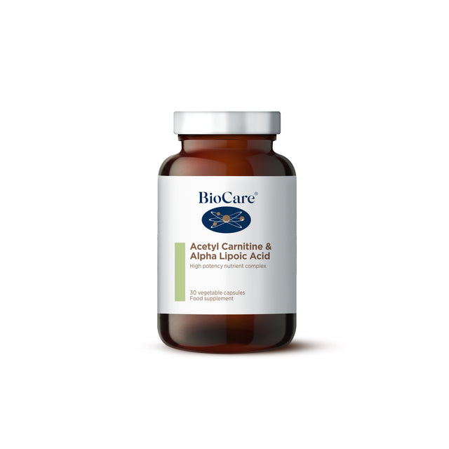 A close-up of the BioCare Acetyl Carnitine & Alpha Lipoic Acid supplement capsules in a clear container, highlighting the vegetarian capsules containing 300mg N-acetyl carnitine and 200mg alpha lipoic acid, suitable for vegans and vegetarians