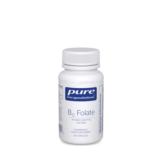 Image showcasing Pure Encapsulations B12 Folate capsules, featuring active forms of methylcobalamin and L-5-methyltetrahydrofolate in a vegetarian capsule designed to support normal psychological function, homocysteine metabolism, blood formation, and reduce tiredness and fatigue