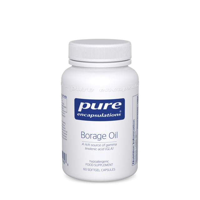 A close-up of the Pure Encapsulations Borage Oil capsules, showing 60 softgel capsules containing cold-pressed borage seed oil with 20% gamma-linolenic acid (GLA) and vitamin E in a clear container