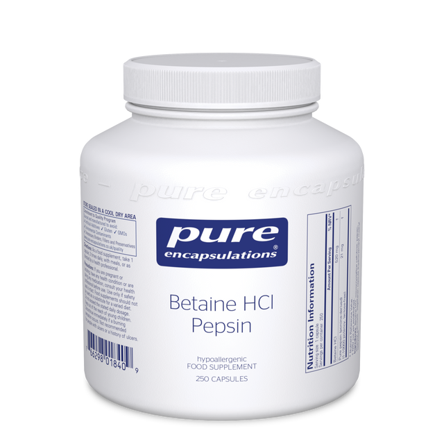 Bottle of Pure Encapsulations Betaine HCL Pepsin capsules showing the label with detailed product information and dosage instructions