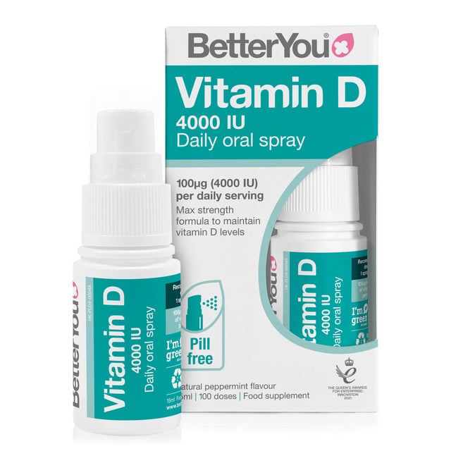 A close-up image of the BetterYou Vitamin D 4000iu Daily Oral Spray bottle, showing the 15ml size, with the spray nozzle visible, highlighting the supplement’s compact design and transparent label displaying product information and ingredients