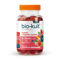 Healthy child holding a strawberry-flavoured Bio-Kult 3-in-1 Biotic Blend gummy for kids with colourful packaging