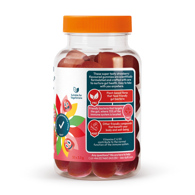 Close-up of the Bio-Kult 3-in-1 Biotic Blend Gummies for Kids box showing 30 vegetarian gummies with detailed ingredient information