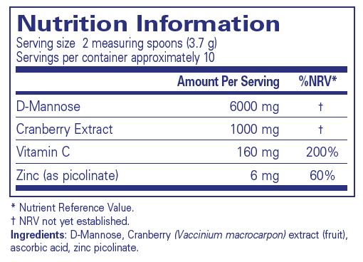 Two measuring spoons of Cranberry D-Mannose Powder next to a glass of prepared drink showing the powder's usage