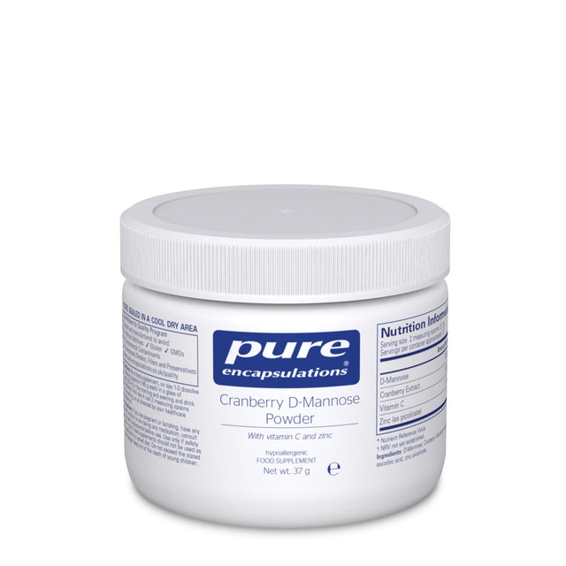 A jar of Pure Encapsulations Cranberry D-Mannose Powder with measuring spoon for serving