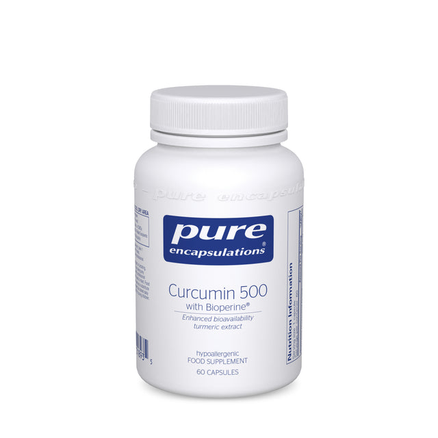 Bottle of Pure Encapsulations Curcumin 500 with Bioperine® capsules containing high-potency turmeric extract with full spectrum curcuminoids and enhanced absorption from black pepper extract, designed to support overall health