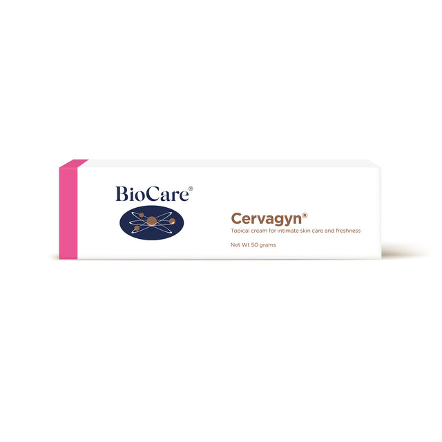 A tube of BioCare Cervagyn 50g topical cream designed for intimate skin care, featuring ingredients like Lactobacillus live bacteria, garlic powder, and rose oil, with eco-friendly packaging and suitable for vegans and vegetarians