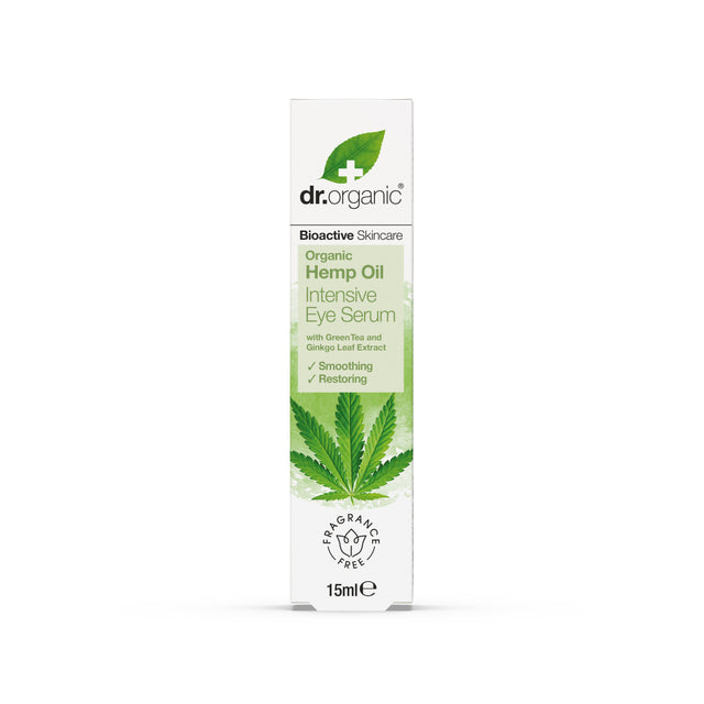 Close-up of the Dr Organic Hemp Oil Eye Serum's elegant packaging highlighting natural ingredients