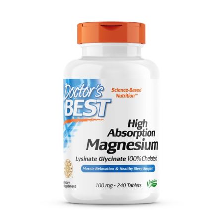 A bottle of Doctor's Best High Absorption Magnesium 100mg tablets showing the label and supplement facts