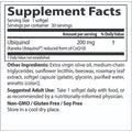 A detailed view of the ingredients list on the supplement packaging, including olive oil, lecithin, and rosemary extract