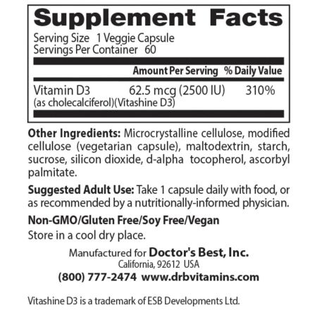 Doctor's Best Vegan D3 with Vitashine D3, 2,500IU, 60 VCapsules