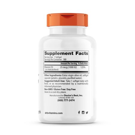 Doctor's Best Vitamin D3 25mcg (1,000 IU), 180 Softgels