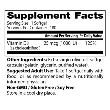 Doctor's Best Vitamin D3 25mcg (1,000 IU), 180 Softgels