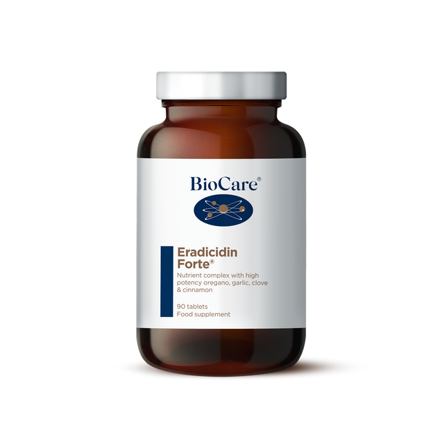 Image depicting BioCare Eradicidin Forte, a box of 90 tablets containing a blend of garlic, oregano, cinnamon, and clove in a time-release tablet form, designed to support digestive health and overall wellbeing