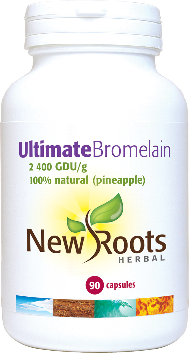 A close-up of New Roots Herbal Ultimate Bromelain 90 capsules, showing the supplement packaging and capsules containing natural bromelain derived from pineapple stem
