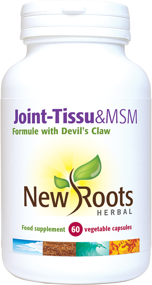 A bottle of New Roots Herbal Joint Tissue & MSM capsules, containing MSM, glucosamine sulphate, shark cartilage, and Devil's claw extract to support joint health