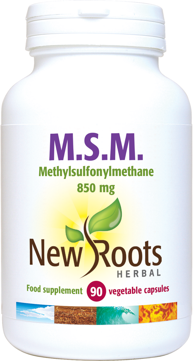 Image of New Roots Herbal MSM 90 capsules supplement bottle, highlighting a natural methyl sulphonyl methane source rich in sulphur essential for connective tissue, enzyme function, and cellular protection