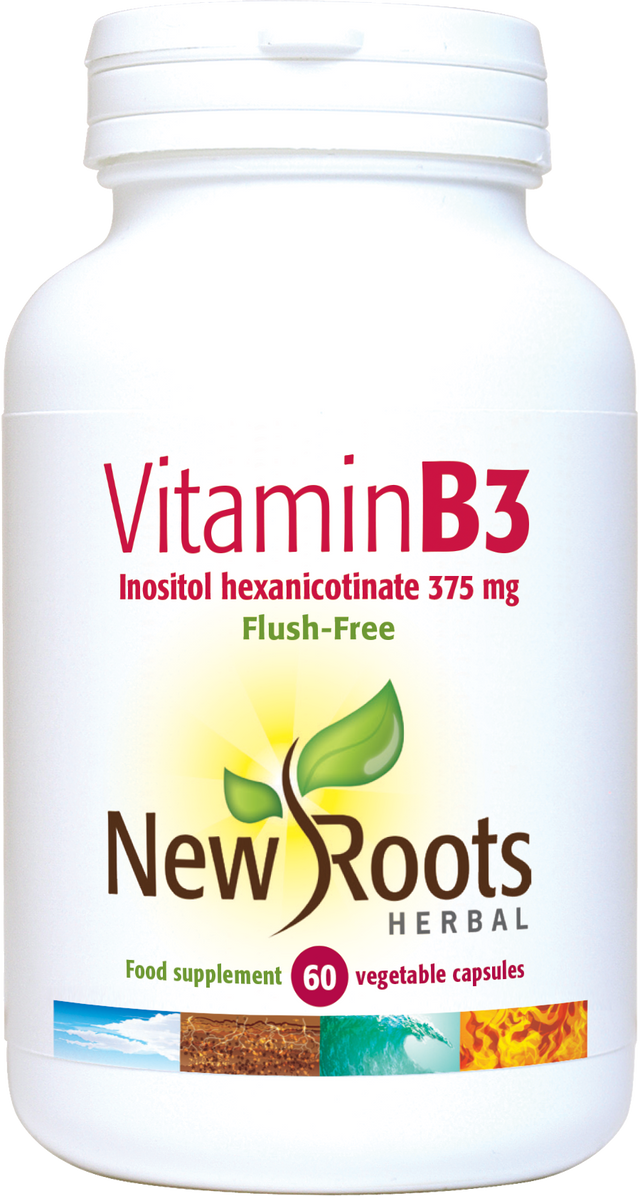 A bottle of New Roots Herbal Vitamin B3 capsules, highlighting supplement capsules in a clear, labelled container with detailed product information and ingredients displayed on the packaging