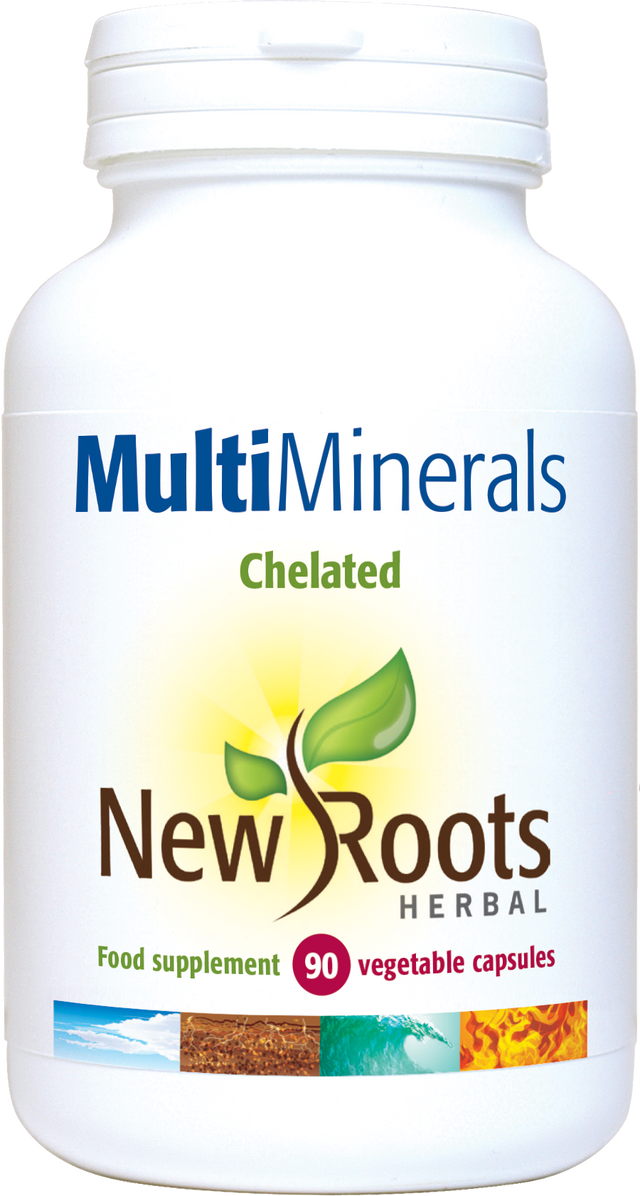 A bottle of New Roots Herbal Multi Minerals capsules containing 90 plant-based chelated mineral capsules for optimal absorption
