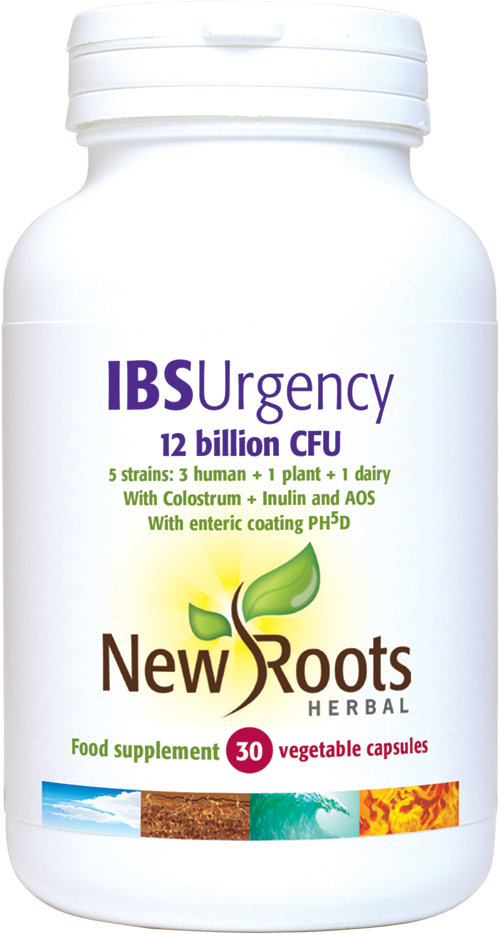 Image of New Roots Herbal IBS Urgency supplement packaging featuring a bottle with 30 capsules, highlighting the product's emphasis on gut health, probiotics, bovine colostrum, and enteric-coated capsules designed to support digestive comfort and reduce urgency associated with Irritable Bowel Syndrome
