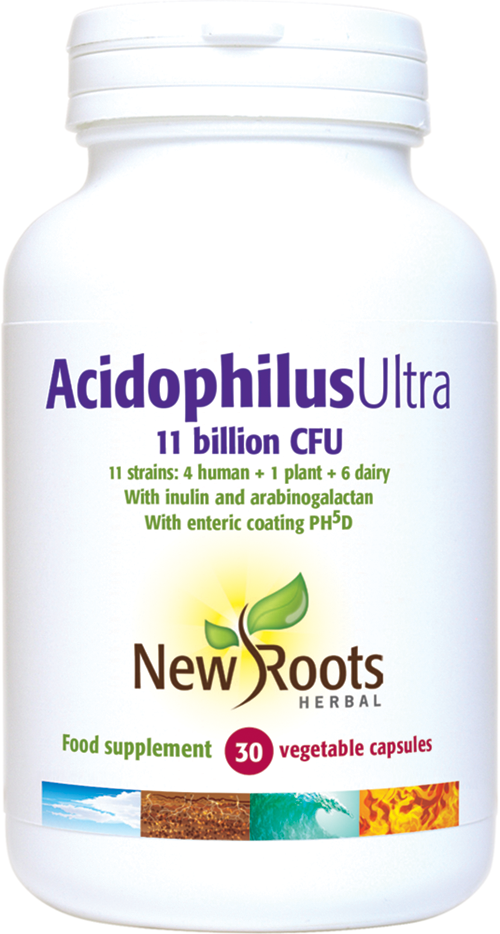 A bottle of New Roots Herbal Acidophilus Ultra capsules showing 30 vegetarian capsules with enteric coating designed to survive stomach acids and release beneficial bacteria in the intestines