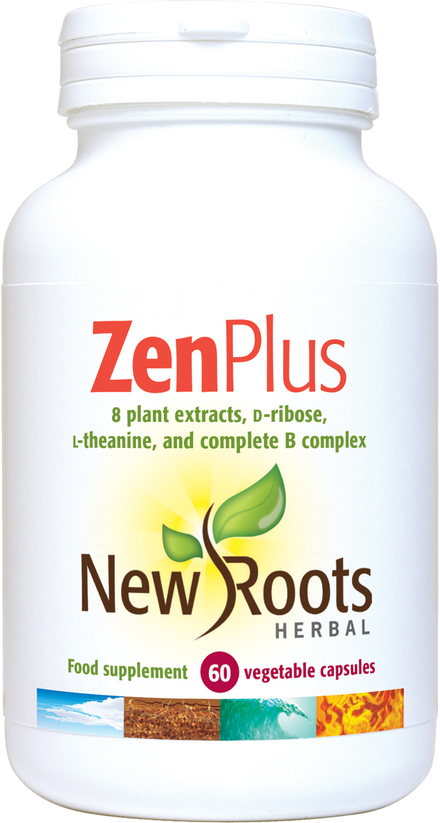 A close-up of a bottle of New Roots Herbal Zen Plus capsules, showing 60 vegetarian capsules containing a blend of plant extracts, B vitamins, and L-theanine, designed to support nervous system health and mental balance