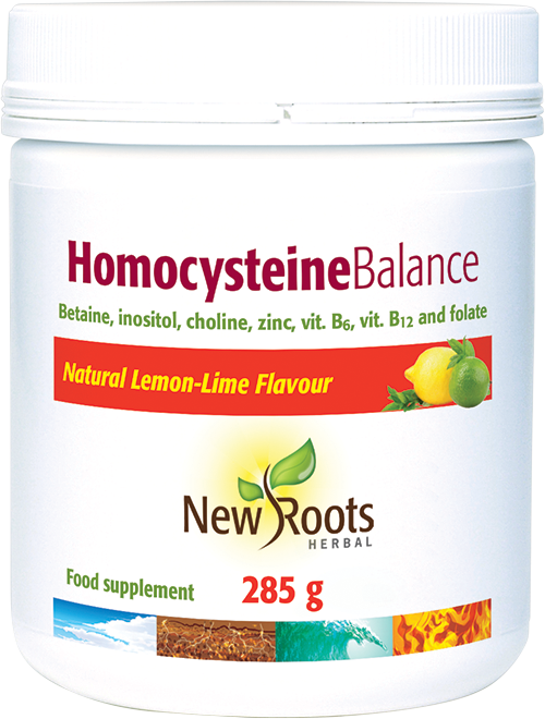 A jar of New Roots Herbal Homocysteine Balance dietary supplement containing 285 grams, featuring a blend of ingredients including betaine, folate, vitamins B12 and B6, inositol, choline, and zinc, designed to support normal homocysteine metabolism and promote cardiovascular health
