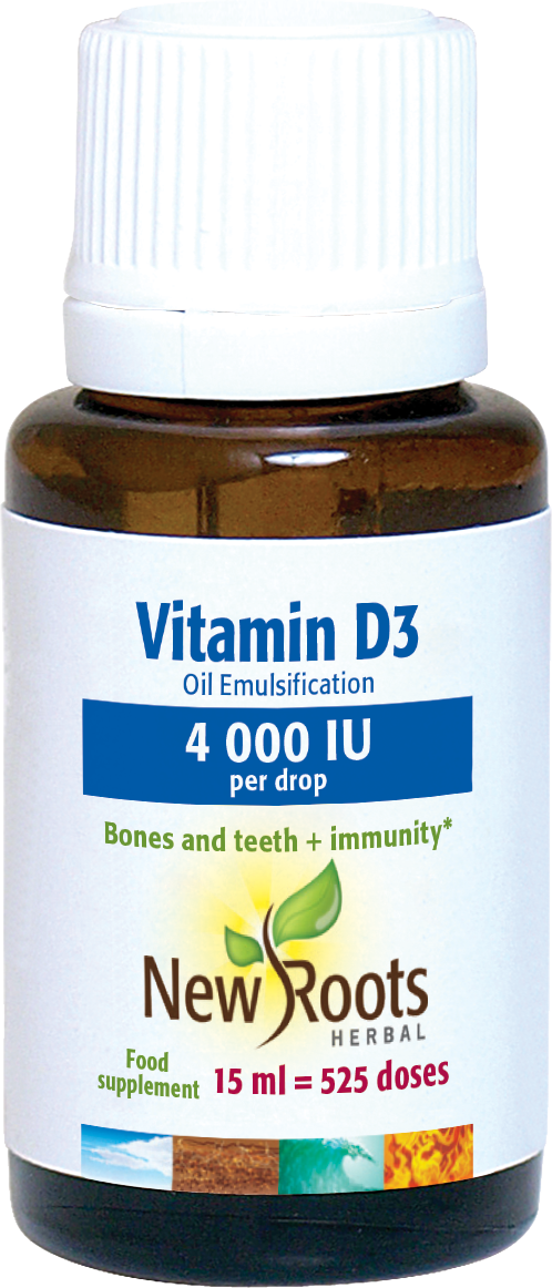 A 15ml bottle of New Roots Herbal Vitamin D3 4000iu liquid supplement with dropper, displaying the label and dropper cap