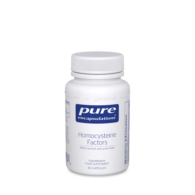 Bottle of Pure Encapsulations Homocysteine Factors capsules containing vitamin B6, B12, folate, and betaine for supporting healthy homocysteine metabolism