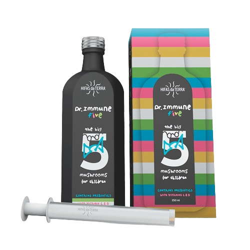 A 250ml bottle of Hifas da Terra Dr Immune-Five syrup showing the label with ingredients and branding, designed to support immune health through organic mushroom extracts, vitamin C, and vitamin D