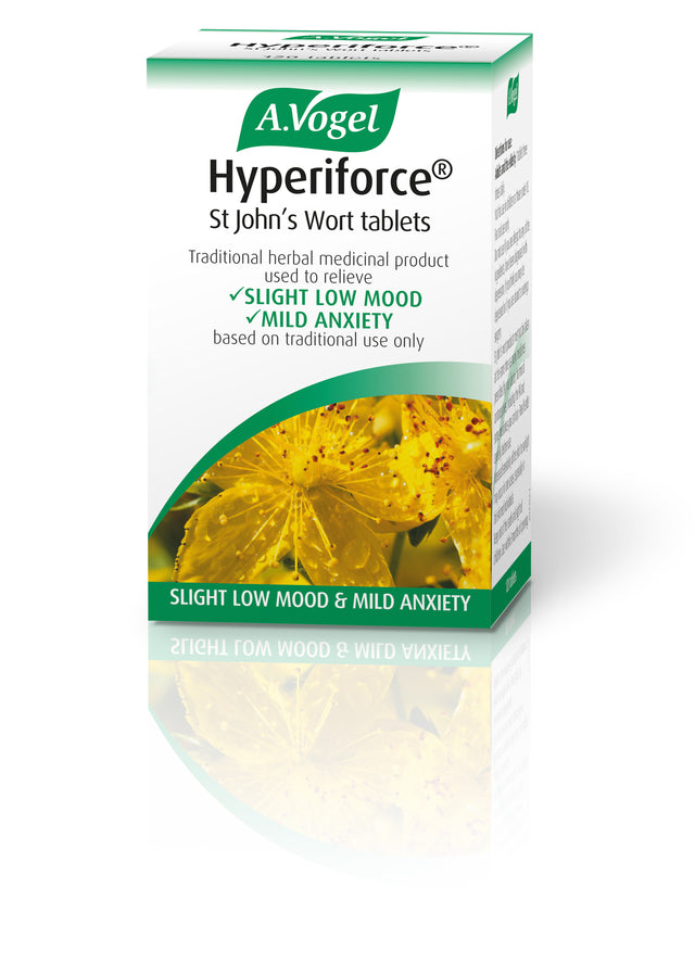 A Vogel Hyperiforce 120 tablets box featuring herbal supplement with St John's Wort extract for mild anxiety and low mood relief, displayed alongside ingredients and usage instructions