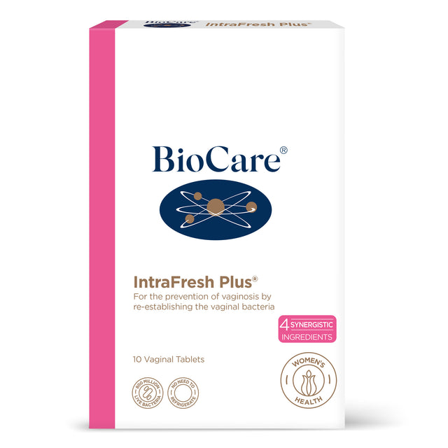 Vaginal suppositories package of Biocare Intrafresh Plus, 10 pessaries for microbiome support