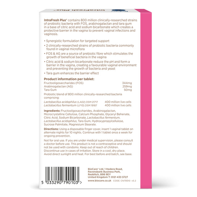 Close-up of Biocare Intrafresh Plus vaginal tablets showing packaging and product details
