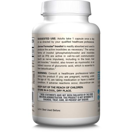 Close-up of Jarrow Formulas Inositol 750mg capsules showing individual capsules in a container