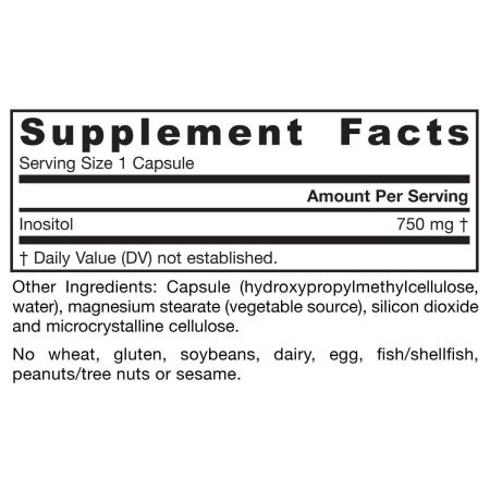 Product shot of Jarrow Formulas Inositol 750mg capsules highlighting vegetarian capsule and bottle design