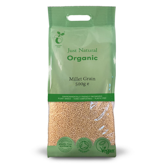 Organic millet grain from Just Natural, 500g, carefully selected, inspected, and packaged in certified, high-quality, state-of-the-art facilities