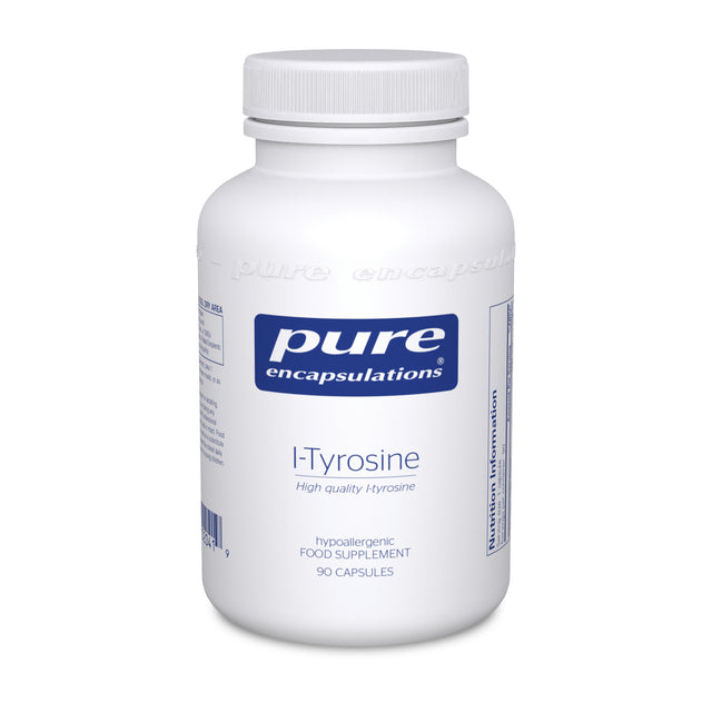 A bottle of Pure Encapsulations L-Tyrosine 90 capsules, featuring vegetarian capsules containing 500 mg of pure free-form L-tyrosine, an amino acid precursor to various proteins