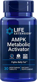 Healthy adult taking Life Extension AMPK Metabolic Activator tablets to support fat metabolism