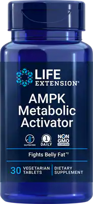 Healthy adult taking Life Extension AMPK Metabolic Activator tablets to support fat metabolism